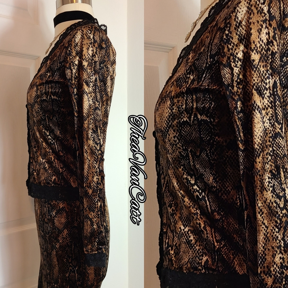 Betsey Johnson SET stretch VELVET & lace snake print dress & button up cardigan! - Picture 4 of 12